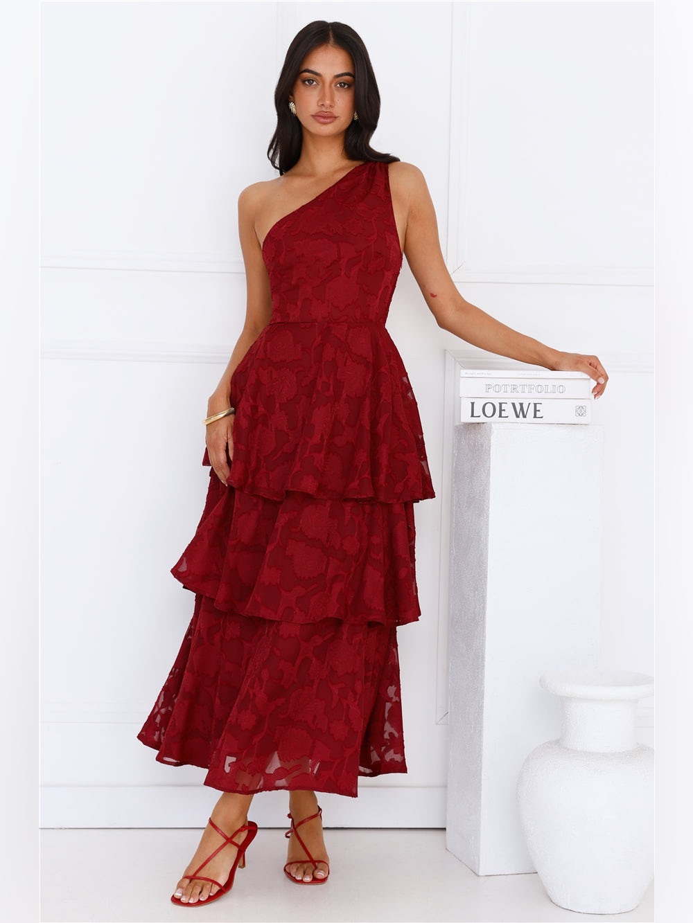HELLO MOLLY PIXIE PETALS ONE SHOULDER MAXI DRESS BURGUNDY